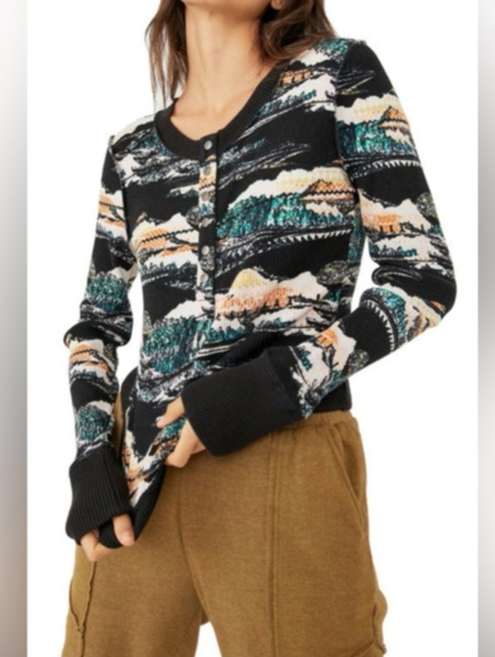 Free People Movement Rally Rib Henley Top In Black Diamond Combo